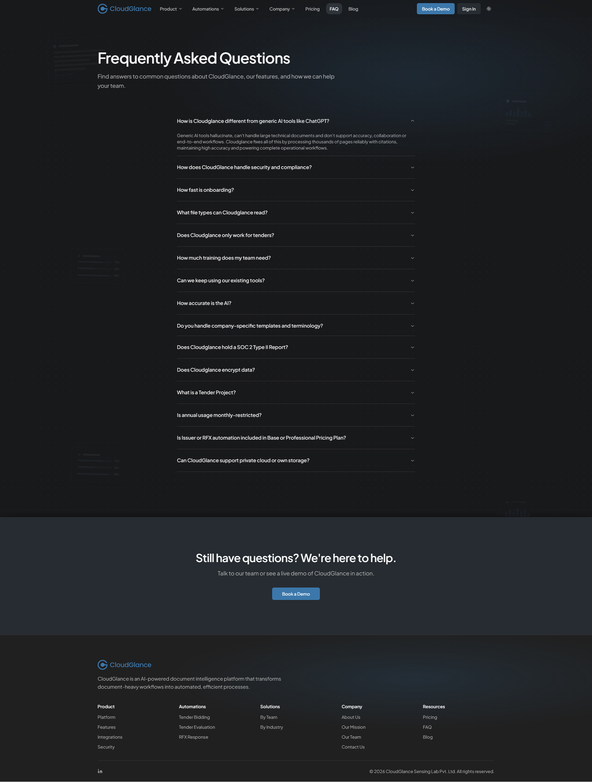 CloudGlance FAQ page - full page, top to bottom