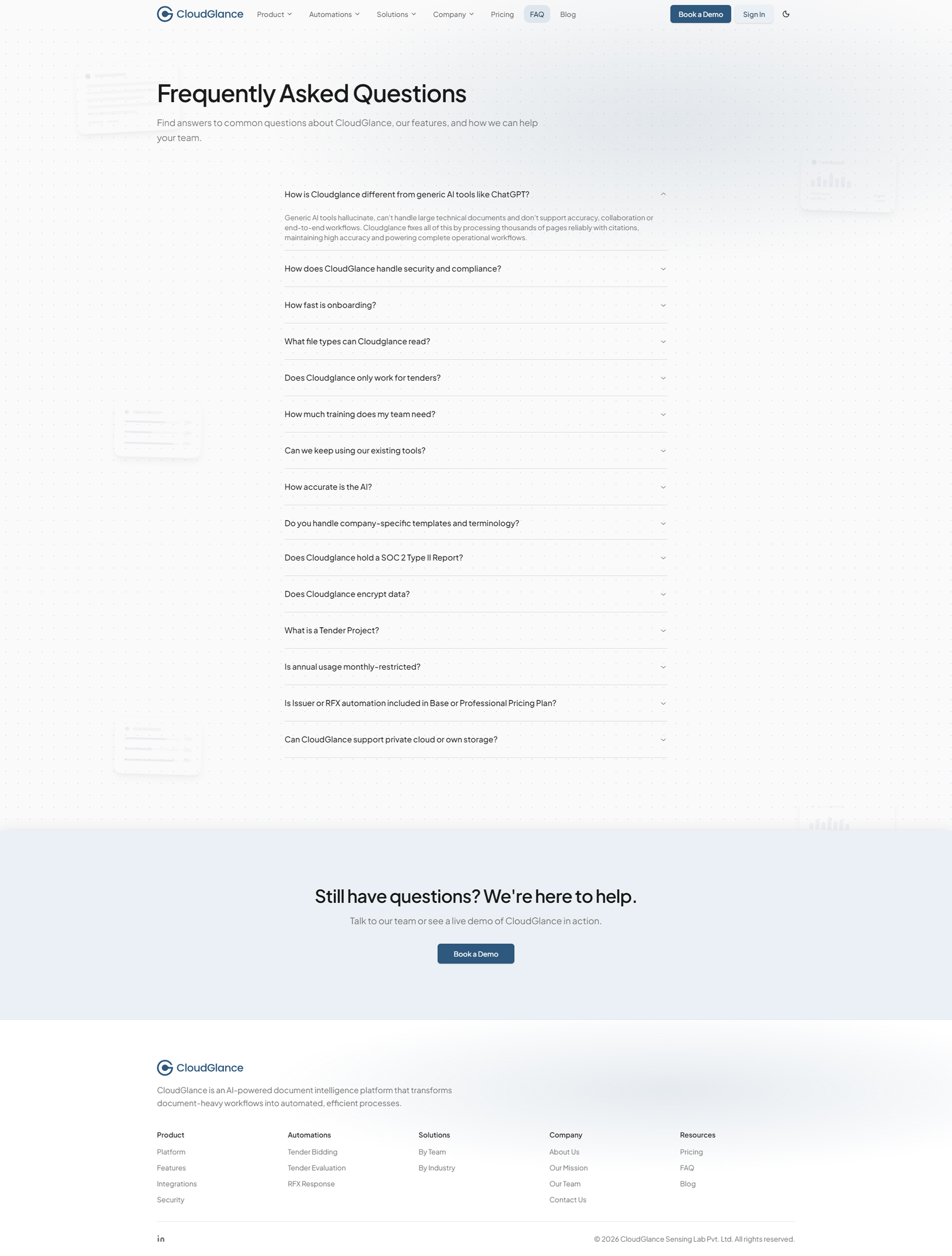CloudGlance FAQ page - full page, top to bottom